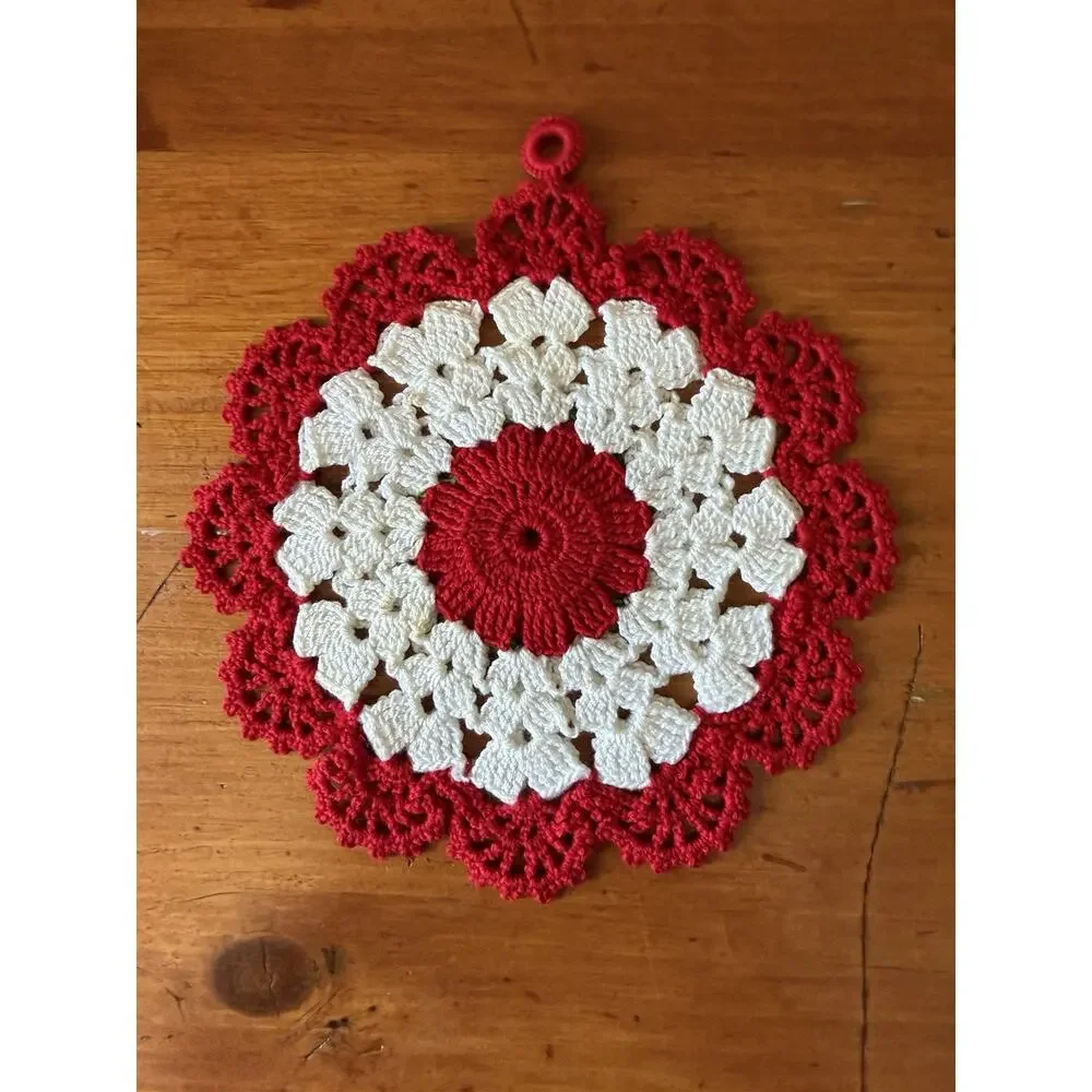 Vintage Crochet Floral Hot Pad Trivet Set Red White Handmade Kitchen Decor Pair